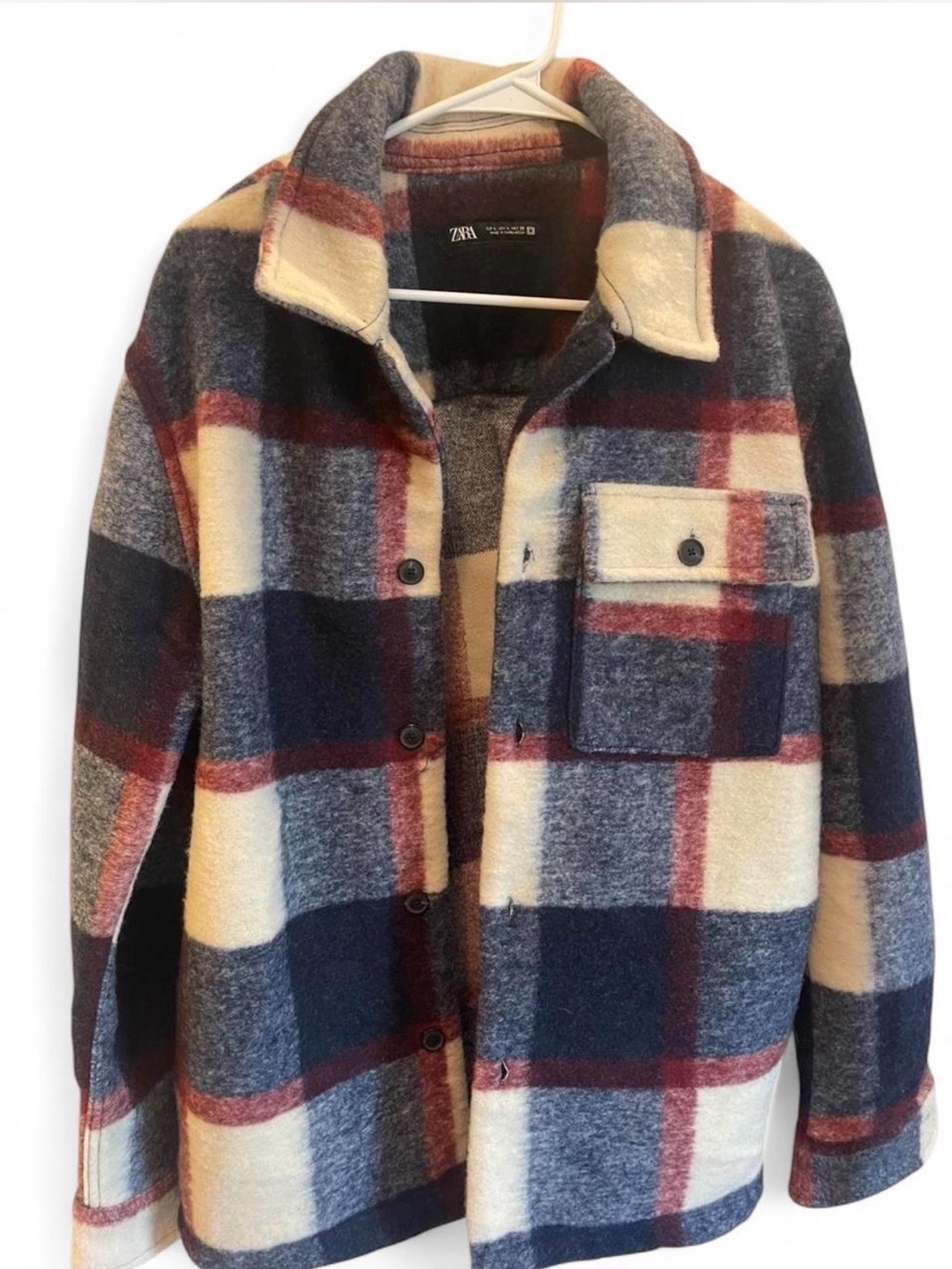 ZARA Plaid Button-Up Wool-Blend Jacket in Navy,Cream and Blue